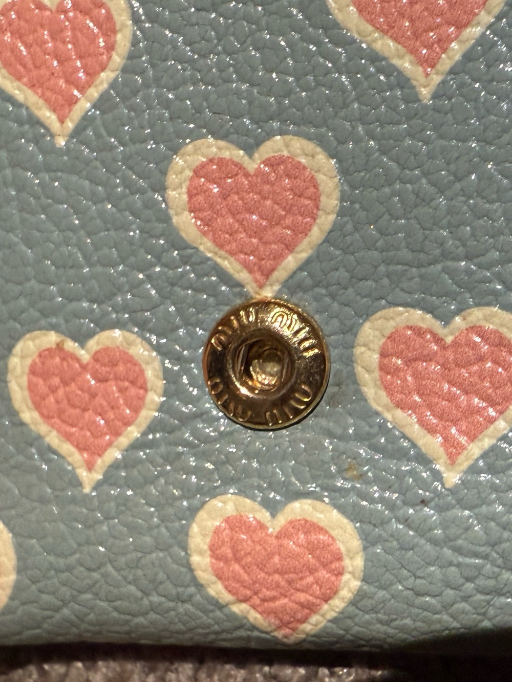 Miu Miu Blue Wallet with Pink Heart Print and Gold Logo - Picture 3 of 10